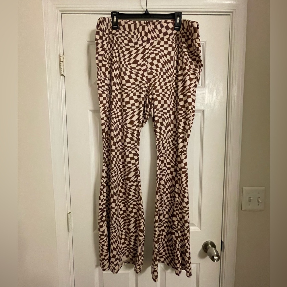 SHEIN Brown and White Checkered Bellbottoms